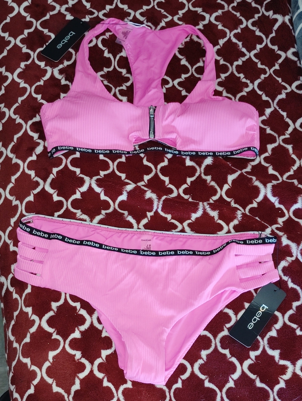 bebe Hot Pink Ribbed Zip Racerback Bikini Set